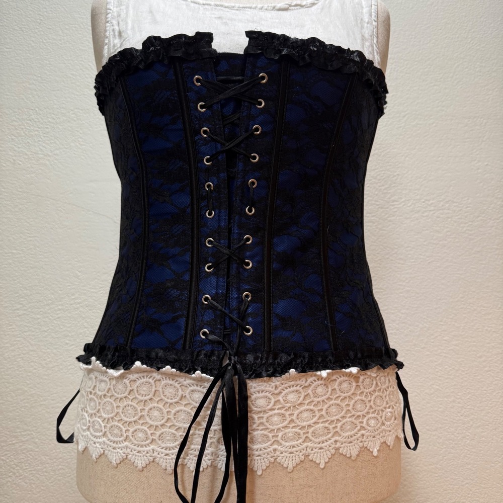 Sheer Lace Black‎ Royal Blue Fairy Goth Burlesque Bustier Corset Medium/Large